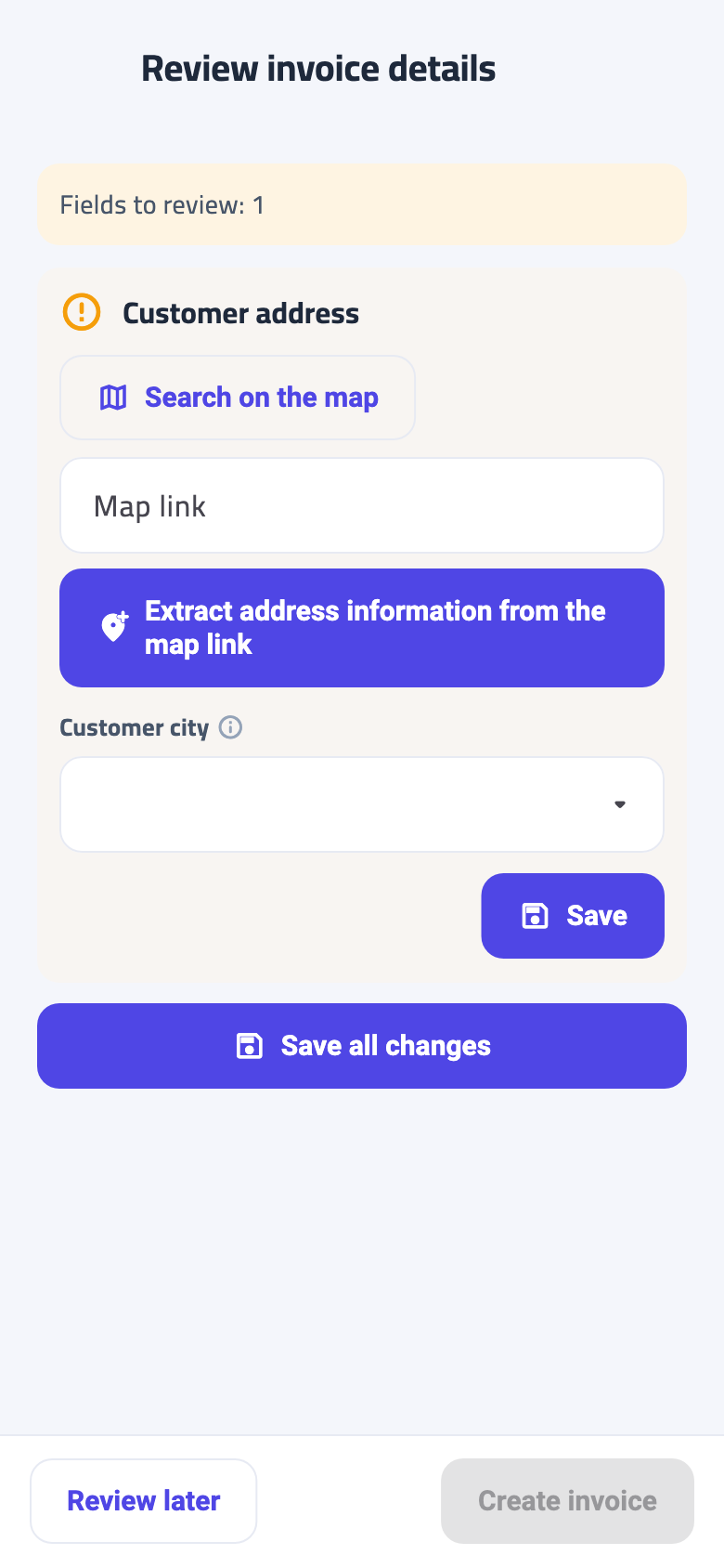 The app’s Review later action saves a confirmable invoice while remaining validation details stay in Needs Review.